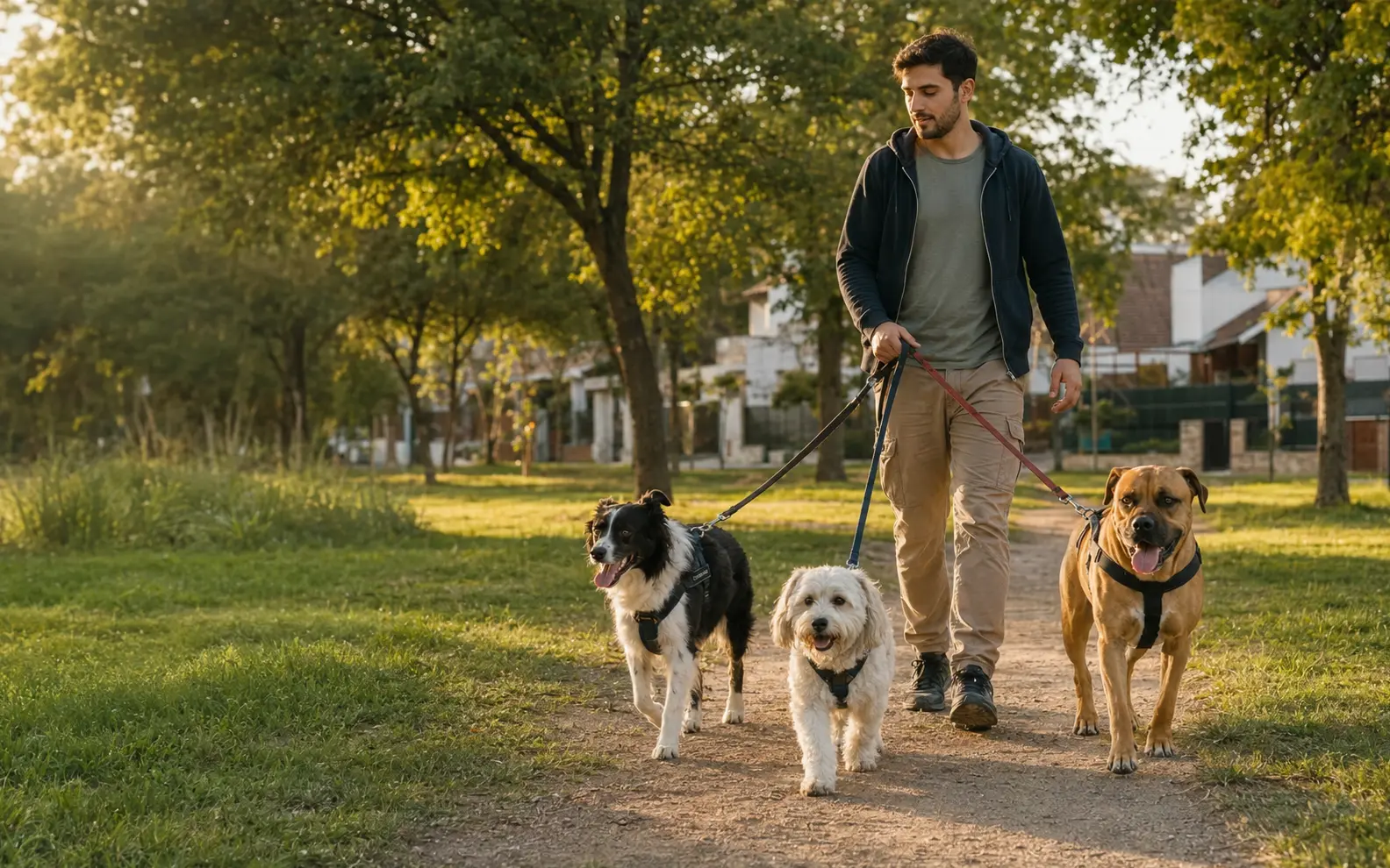 Paseador caminando de forma segura con tres perros en un parque urbano
