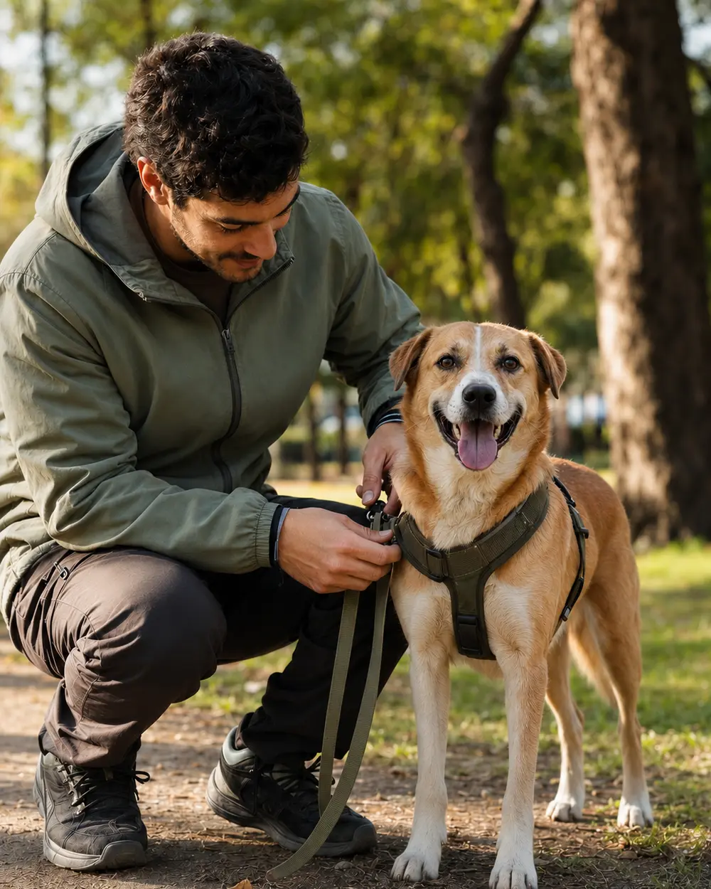 Paseador colocando con cuidado el arnés de un perro antes de salir